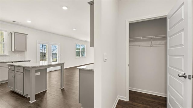 1141 Kingston Ave, Buckhead, GA 30625 - kitchen featuring gray cabinets, dark wood finished floors, a kitchen bar, ornamental molding, and baseboards