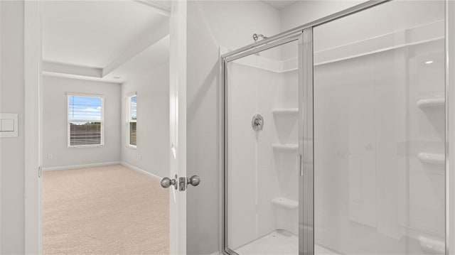 bathroom with a shower with door