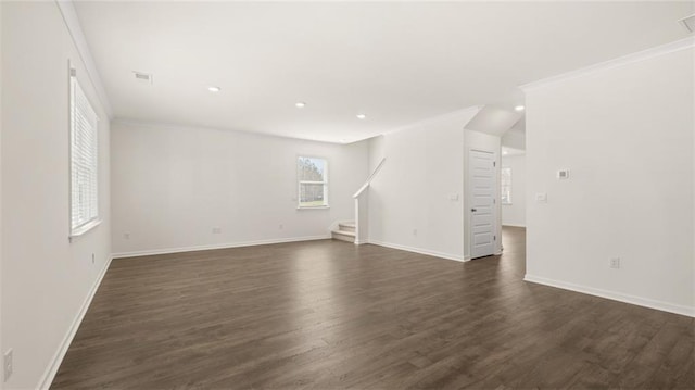 1141 Kingston Ave, Buckhead, GA 30625 - unfurnished living room featuring stairs, dark wood-type flooring, baseboards, recessed lighting, and ornamental molding
