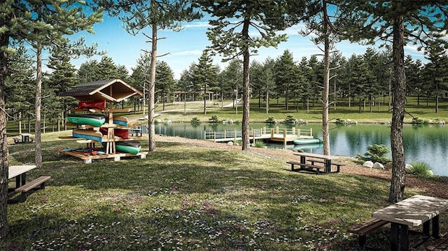 1141 Kingston Ave, Buckhead, GA 30625 - dock with a lawn, view of wooded area, and a water view