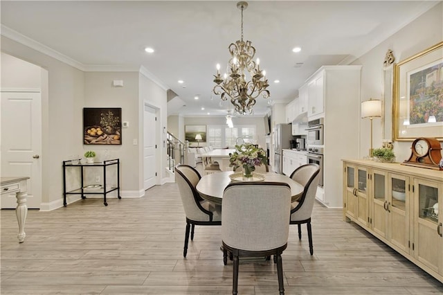 dining room featuring light wood-style floors, recessed lighting, crown molding, and stairway