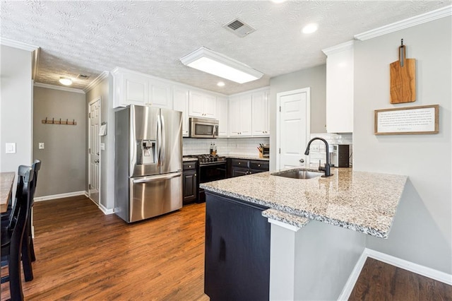 8450 Jot Em Down Rd, Gainesville, GA 30506 - kitchen with visible vents, a sink, a peninsula, stainless steel appliances, and white cabinets