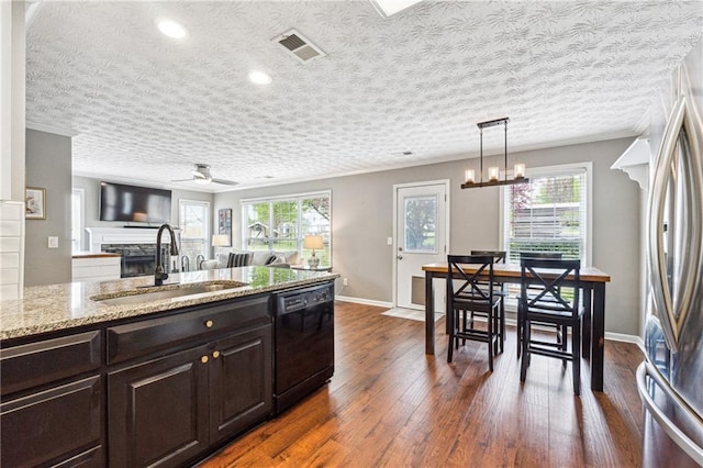8450 Jot Em Down Rd, Gainesville, GA 30506 - kitchen featuring a sink, visible vents, dark wood finished floors, a fireplace, and dishwasher