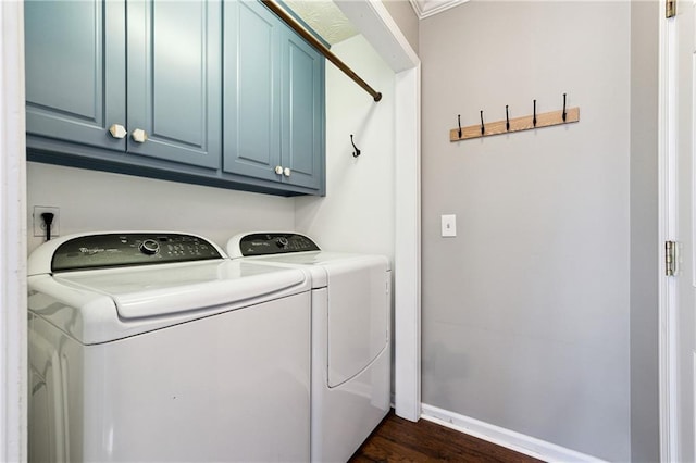 8450 Jot Em Down Rd, Gainesville, GA 30506 - clothes washing area featuring cabinet space, independent washer and dryer, baseboards, and dark wood-style floors