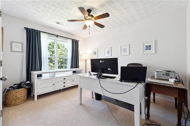 8450 Jot Em Down Rd, Gainesville, GA 30506 - office featuring a ceiling fan, light carpet, visible vents, and a textured ceiling