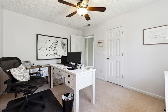 8450 Jot Em Down Rd, Gainesville, GA 30506 - office area with a textured ceiling, visible vents, baseboards, ceiling fan, and light carpet