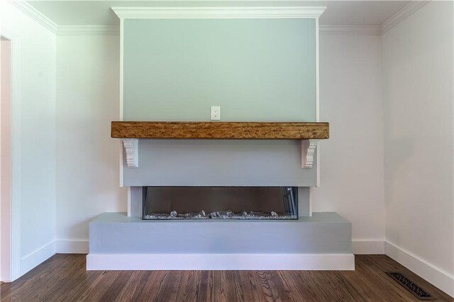 3620 W Lawrenceville St, Duluth, GA 30096 - detailed view of a fireplace with raised hearth, crown molding, and wood finished floors