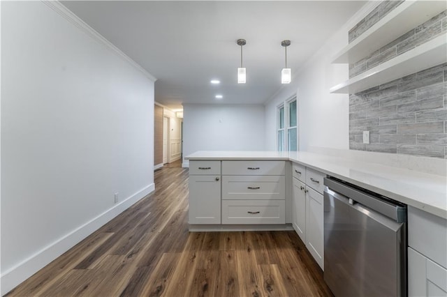 3620 W Lawrenceville St, Duluth, GA 30096 - kitchen featuring dishwasher, a peninsula, open shelves, light countertops, and dark wood-type flooring
