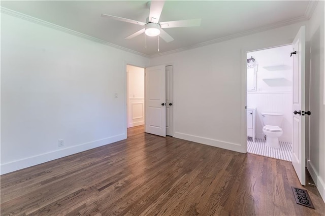 3620 W Lawrenceville St, Duluth, GA 30096 - unfurnished bedroom featuring dark wood-type flooring, crown molding, ensuite bathroom, and a ceiling fan