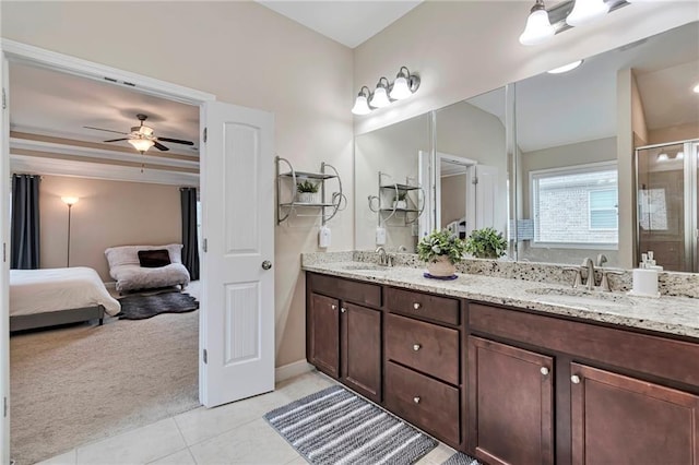 4708 Tiger Blvd, Duluth, GA 30096 - full bath with tile patterned flooring, double vanity, ensuite bathroom, a stall shower, and ceiling fan