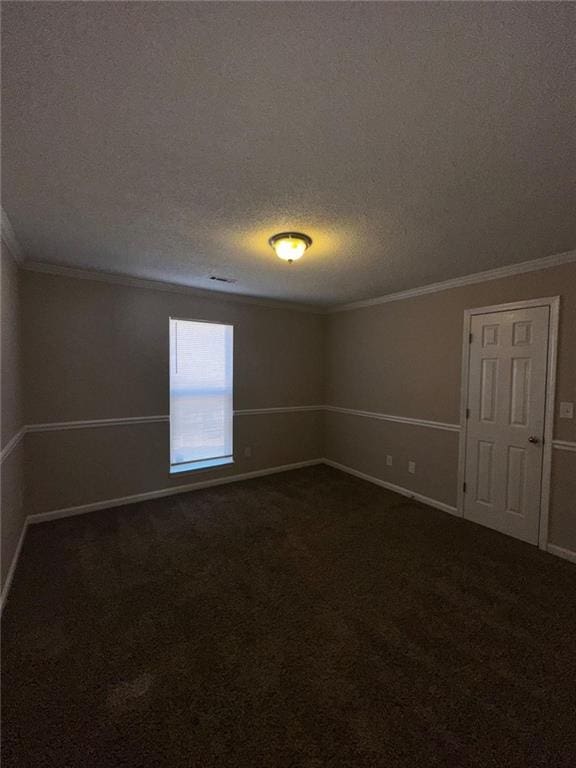 spare room featuring ornamental molding, carpet floors, and a textured ceiling