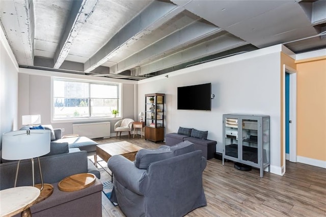 living room featuring hardwood / wood-style flooring and radiator heating unit