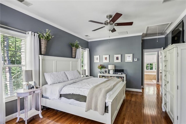 3150 Stonewyck Pl, Decatur, GA 30033 - bedroom with attic access, dark wood-type flooring, ornamental molding, baseboards, and ceiling fan