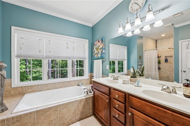 3150 Stonewyck Pl, Decatur, GA 30033 - bathroom with healthy amount of natural light, a bath, double vanity, tiled shower, and crown molding