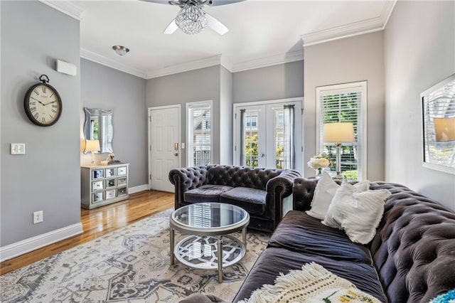 3150 Stonewyck Pl, Decatur, GA 30033 - living area with ceiling fan, crown molding, wood finished floors, and baseboards