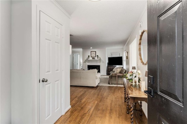 entrance foyer featuring wood finished floors, ornamental molding, a fireplace, and a textured ceiling