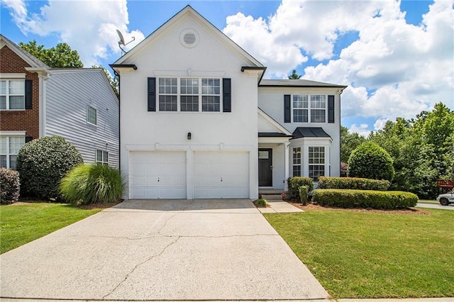 3710 Ridgefair Dr, Cumming, GA 30040 - traditional-style home featuring stucco siding, an attached garage, driveway, and a front lawn