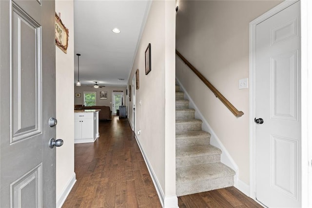 3875 Valley View Ct, Gainesville, GA 30501 - entrance foyer with dark wood-style flooring, stairs, recessed lighting, baseboards, and ceiling fan