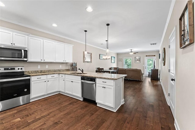 3875 Valley View Ct, Gainesville, GA 30501 - kitchen with appliances with stainless steel finishes, a peninsula, open floor plan, a sink, and white cabinetry