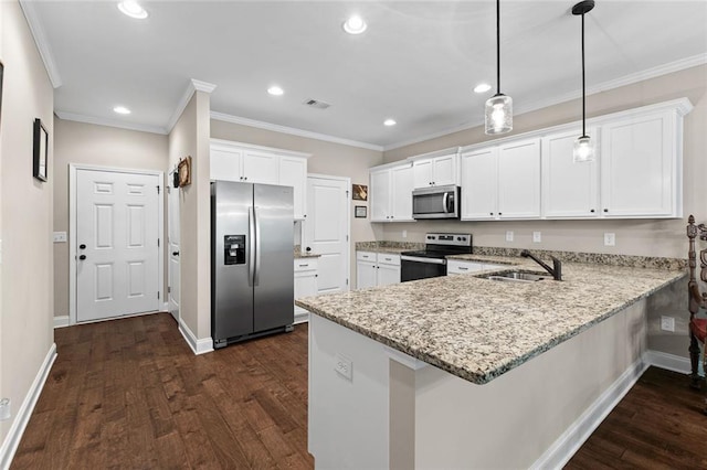3875 Valley View Ct, Gainesville, GA 30501 - kitchen with appliances with stainless steel finishes, crown molding, a peninsula, a sink, and light stone counters