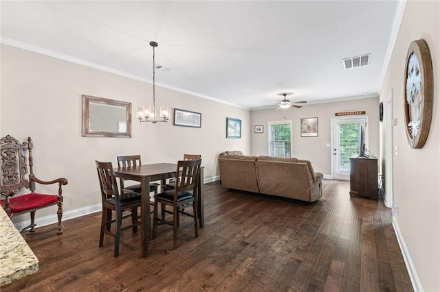 3875 Valley View Ct, Gainesville, GA 30501 - dining area featuring dark wood finished floors, baseboards, crown molding, ceiling fan, and a chandelier