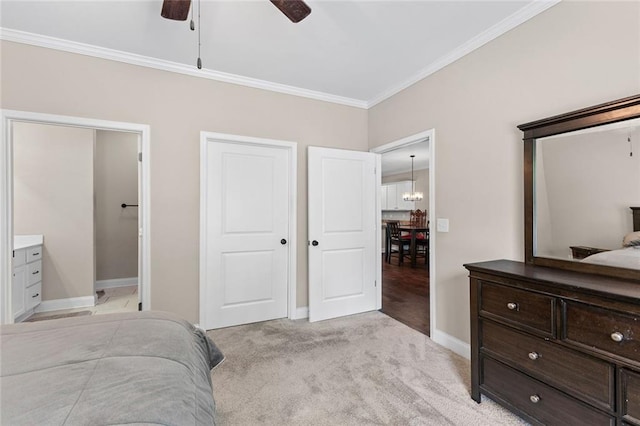 3875 Valley View Ct, Gainesville, GA 30501 - bedroom with ornamental molding, baseboards, light carpet, connected bathroom, and a ceiling fan