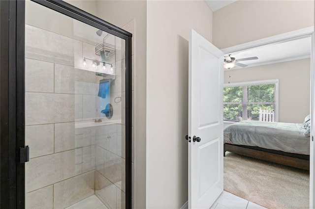3875 Valley View Ct, Gainesville, GA 30501 - ensuite bathroom with a stall shower, ceiling fan, and tile patterned floors