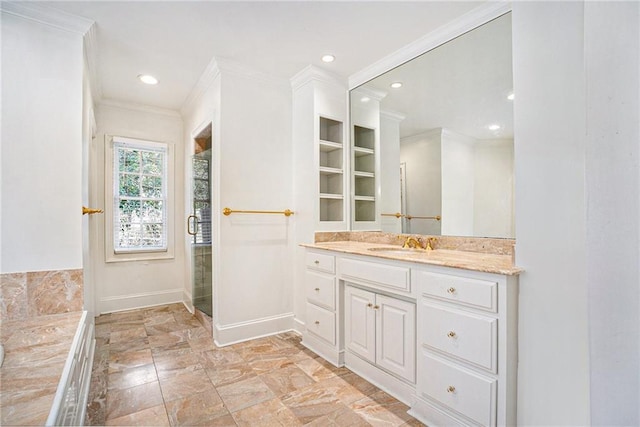 full bathroom featuring a shower with shower door, recessed lighting, crown molding, baseboards, and vanity