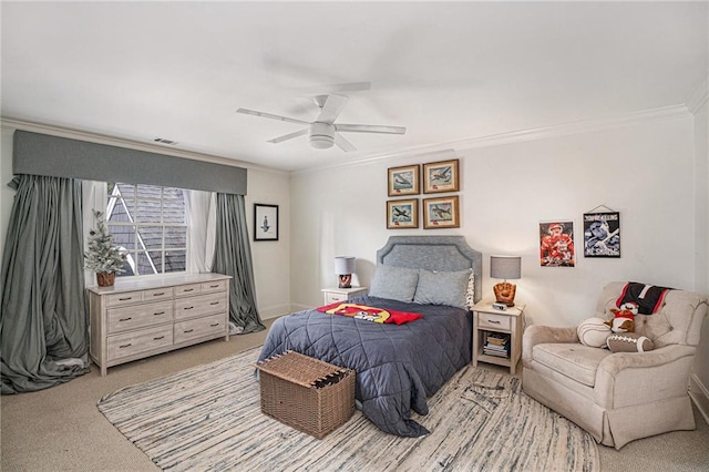 bedroom with a ceiling fan, baseboards, visible vents, ornamental molding, and light colored carpet