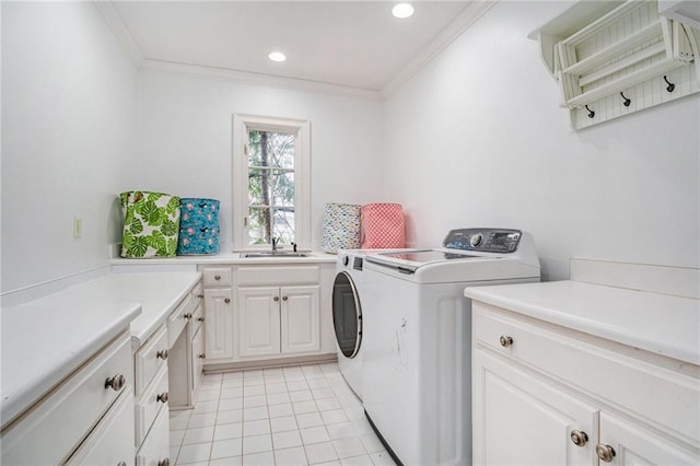 washroom with light tile patterned floors, cabinet space, separate washer and dryer, recessed lighting, and crown molding