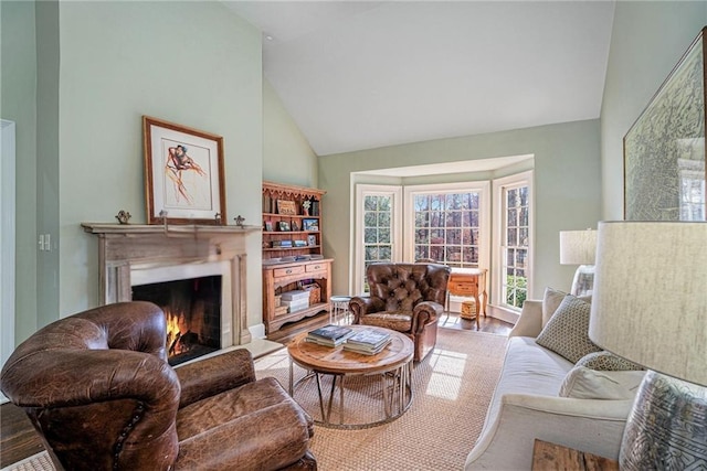 living room with a lit fireplace, wood finished floors, and high vaulted ceiling