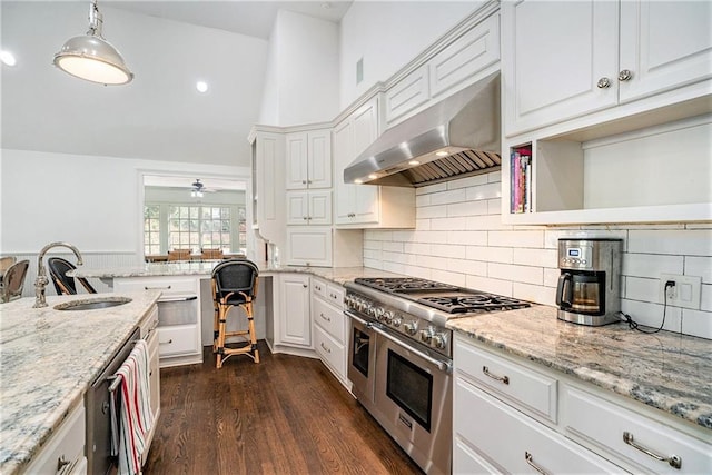 kitchen with under cabinet range hood, white cabinetry, dark wood-style floors, and range with two ovens