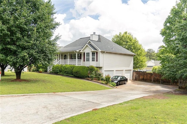 68 Paradise Pointe, Douglasville, GA 30134 - rear view of house featuring a porch, a garage, a chimney, and driveway