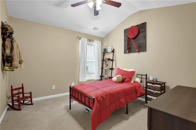 1267 Castleberry Dr, Buford, GA 30518 - bedroom with vaulted ceiling, baseboards, light carpet, and a ceiling fan