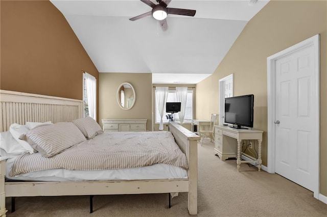 1267 Castleberry Dr, Buford, GA 30518 - bedroom featuring multiple windows, lofted ceiling, carpet flooring, baseboards, and a ceiling fan
