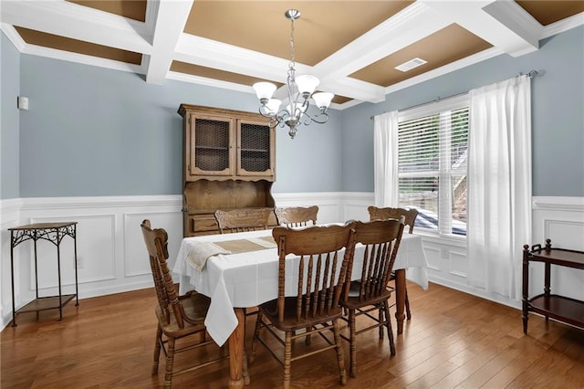 1267 Castleberry Dr, Buford, GA 30518 - dining area featuring coffered ceiling, a decorative wall, a chandelier, beamed ceiling, and wainscoting