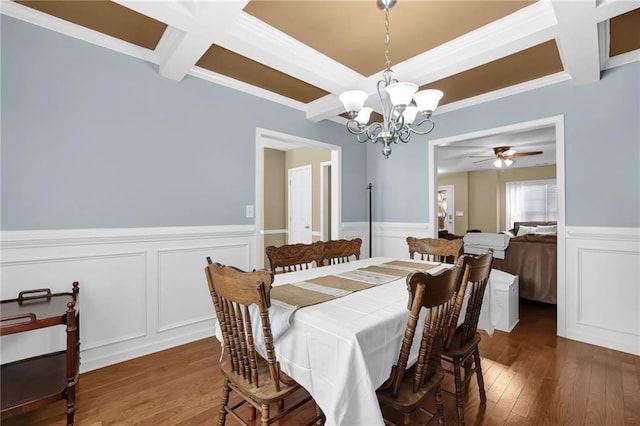1267 Castleberry Dr, Buford, GA 30518 - dining room featuring coffered ceiling, a chandelier, hardwood / wood-style floors, a decorative wall, and beamed ceiling