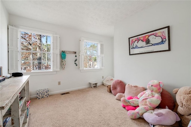 game room featuring carpet and a textured ceiling