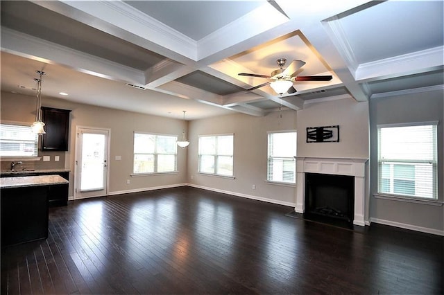 unfurnished living room featuring beamed ceiling, coffered ceiling, sink, and dark hardwood / wood-style flooring