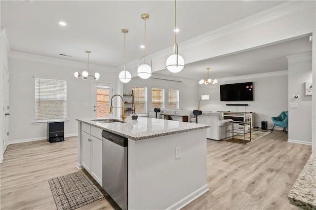 kitchen with dishwasher, an inviting chandelier, crown molding, and a sink