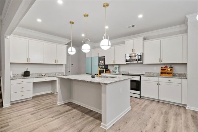 kitchen featuring stainless steel microwave, electric stove, visible vents, freestanding refrigerator, and ornamental molding