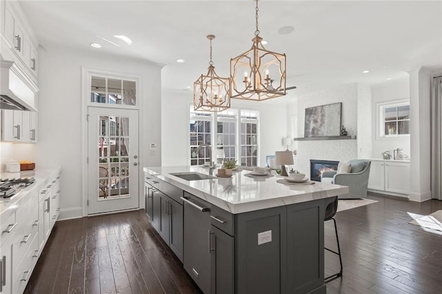 kitchen featuring a sink, a large fireplace, stainless steel appliances, white cabinetry, and dark wood-style flooring