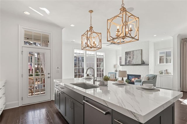 kitchen featuring a wealth of natural light, dark wood-type flooring, a sink, a fireplace, and dishwasher