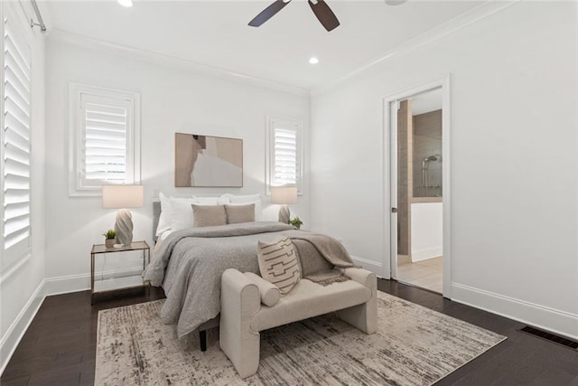 bedroom featuring visible vents, crown molding, baseboards, recessed lighting, and dark wood-style floors