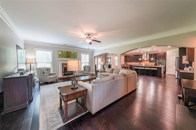 265 Enfield Ln, Mcdonough, GA 30252 - living area featuring arched walkways, crown molding, dark wood-style flooring, and ceiling fan