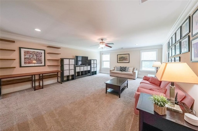 265 Enfield Ln, Mcdonough, GA 30252 - living area featuring ornamental molding, carpet, a ceiling fan, recessed lighting, and baseboards