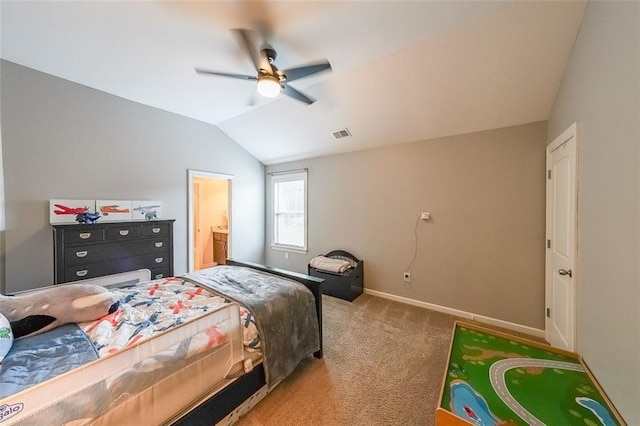 265 Enfield Ln, Mcdonough, GA 30252 - bedroom featuring carpet floors, vaulted ceiling, baseboards, ceiling fan, and connected bathroom