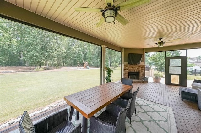 265 Enfield Ln, Mcdonough, GA 30252 - view of patio with exterior fireplace, ceiling fan, and outdoor dining space