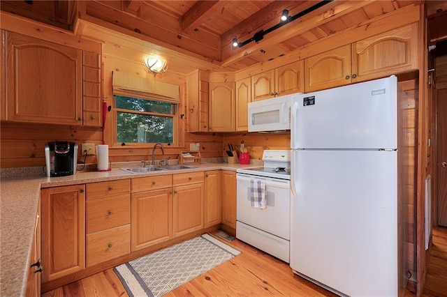2374 Woodring Branch Rd, Chatsworth, GA 30705 - kitchen with white appliances, a sink, wooden ceiling with exposed beams, light countertops, and light wood-style flooring