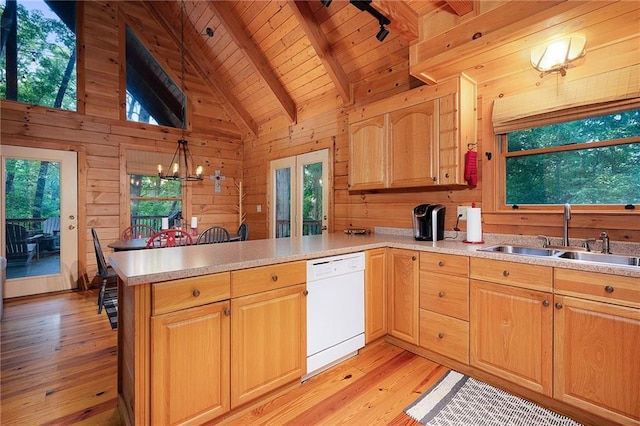 2374 Woodring Branch Rd, Chatsworth, GA 30705 - kitchen featuring a sink, white dishwasher, wood ceiling, a peninsula, and light wood-style floors